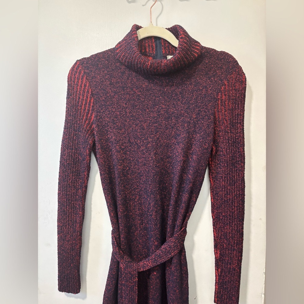 Vintage FRANCESCA For DAMON Red Black Turtleneck L/S Tassel Tie Belt Dress Sz 10